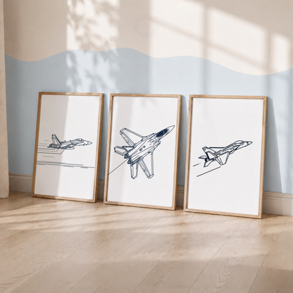 Fighter Jet Wall Art Set – Minimalist Military Airplane Line Art Prints