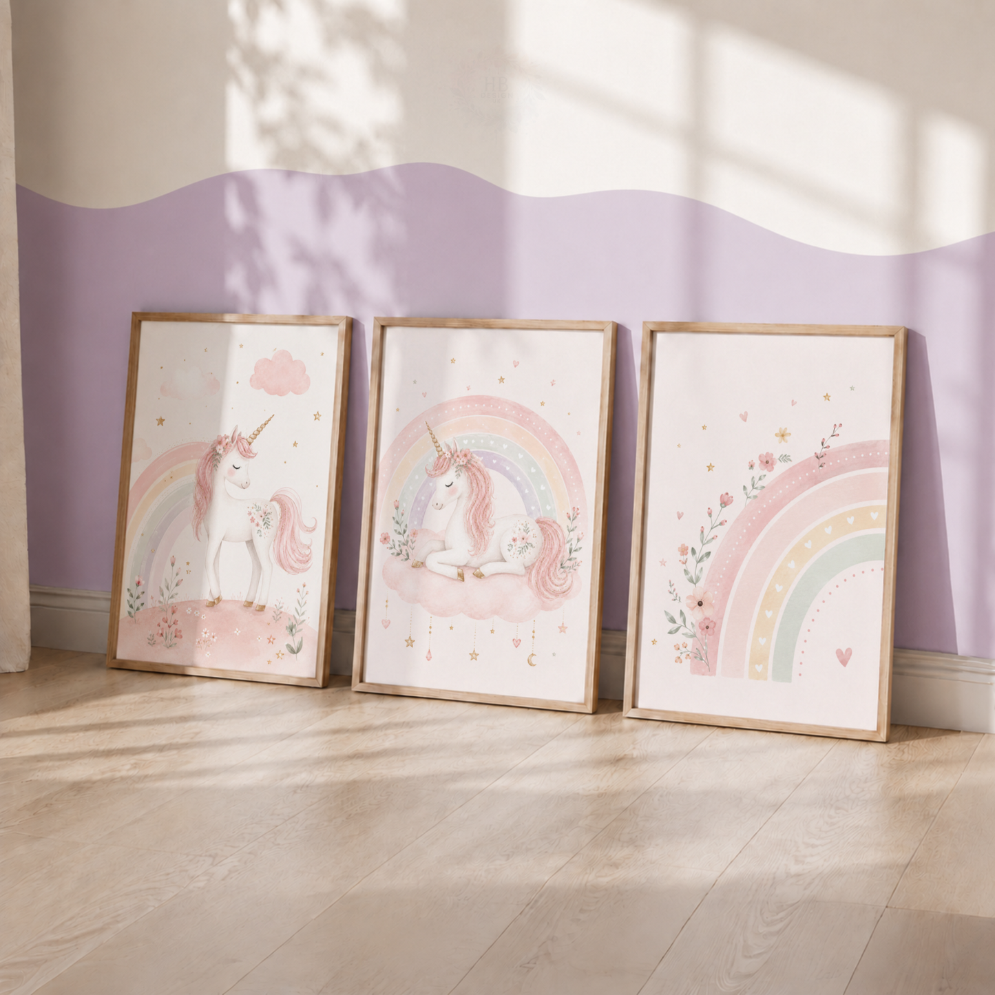 Pastel Unicorn Rainbow Nursery Wall Art Set – Pink Girls Bedroom Prints