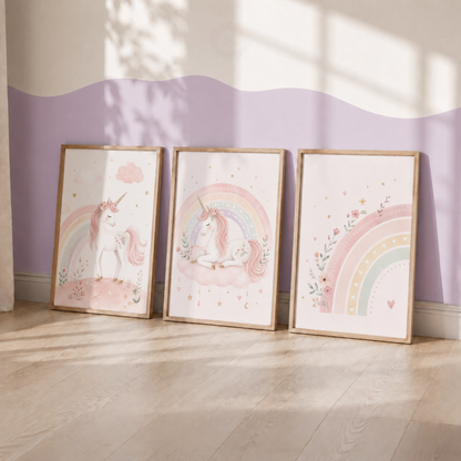 Pastel Unicorn Rainbow Nursery Wall Art Set – Pink Girls Bedroom Prints