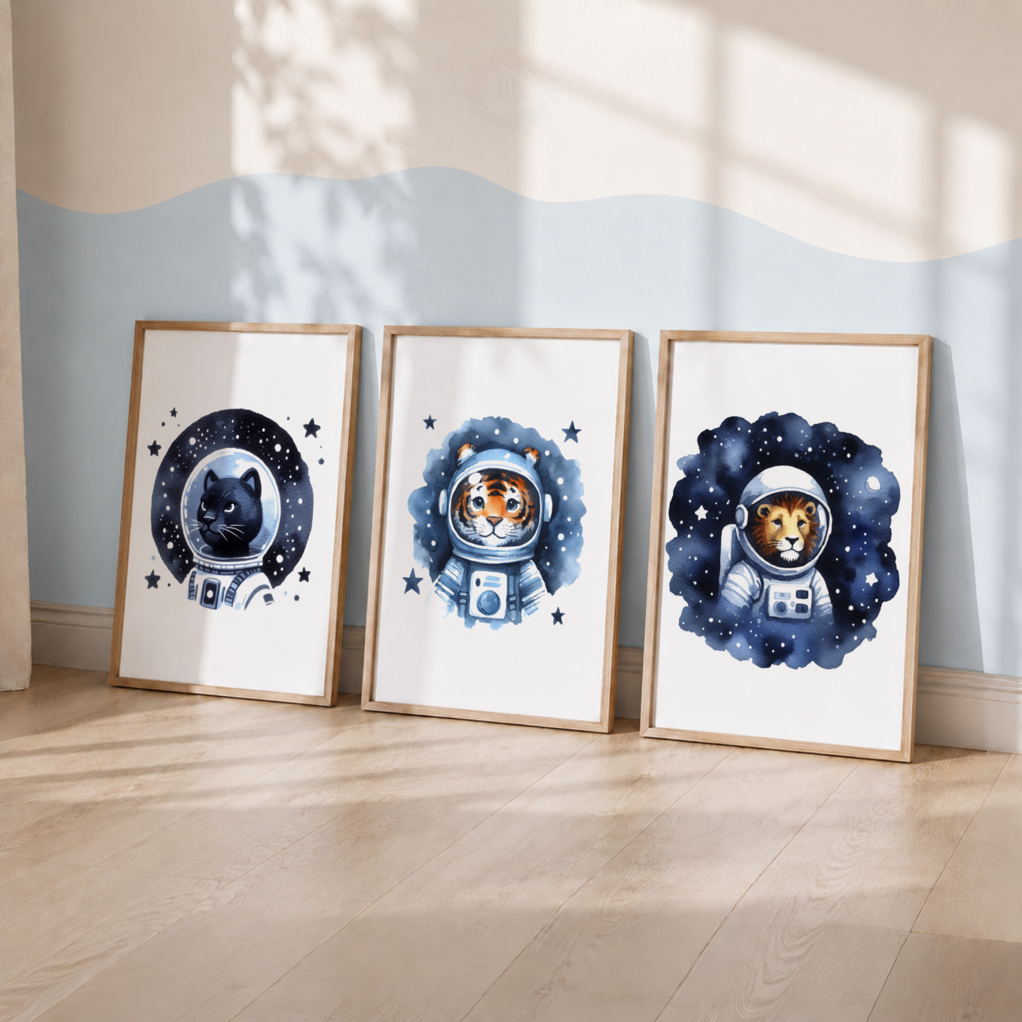 Watercolor Space Animals Nursery Prints Set – Cat Tiger & Lion Astronaut Wall Art