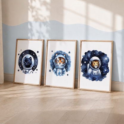 Watercolor Space Animals Nursery Prints Set – Cat Tiger & Lion Astronaut Wall Art