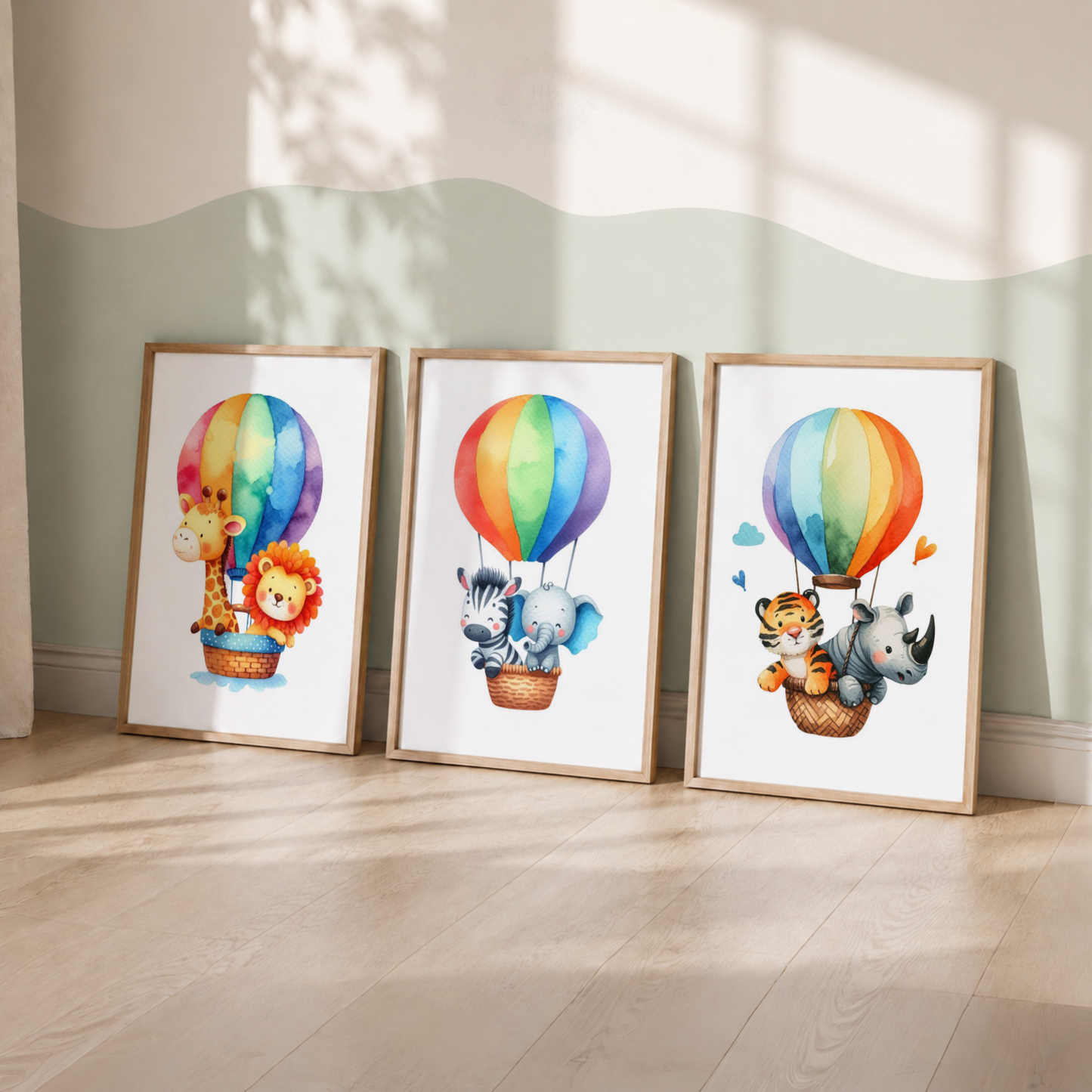 Safari Animals Hot Air Balloon Watercolor Wall Art Set – Rainbow Nursery Prints