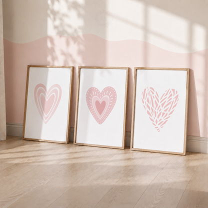 Pink Heart Nursery Prints – Set of 3 Minimalist Love Wall Art