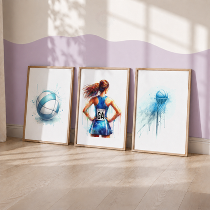 Personalised Girls Netball Wall Art Set – Blue Watercolour Netball Prints