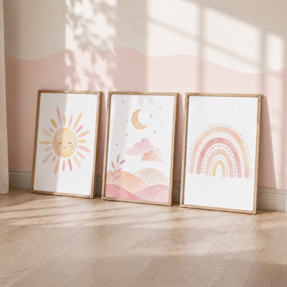 Pastel Rainbow Nursery Prints – Set of 3 Sun, Moon & Rainbow Boho Wall Art