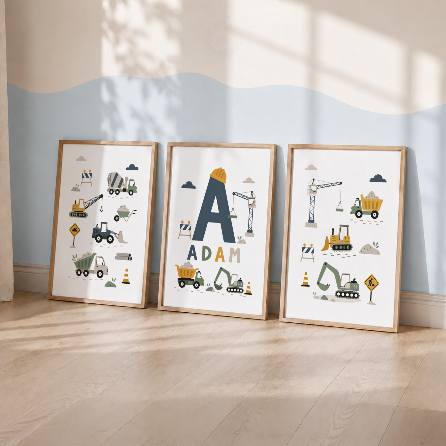 Personalised Construction Nursery Prints – Digger Truck & Crane Boys Wall Art Set