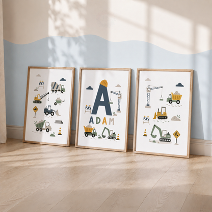 Personalised Construction Nursery Prints – Digger Truck & Crane Boys Wall Art Set