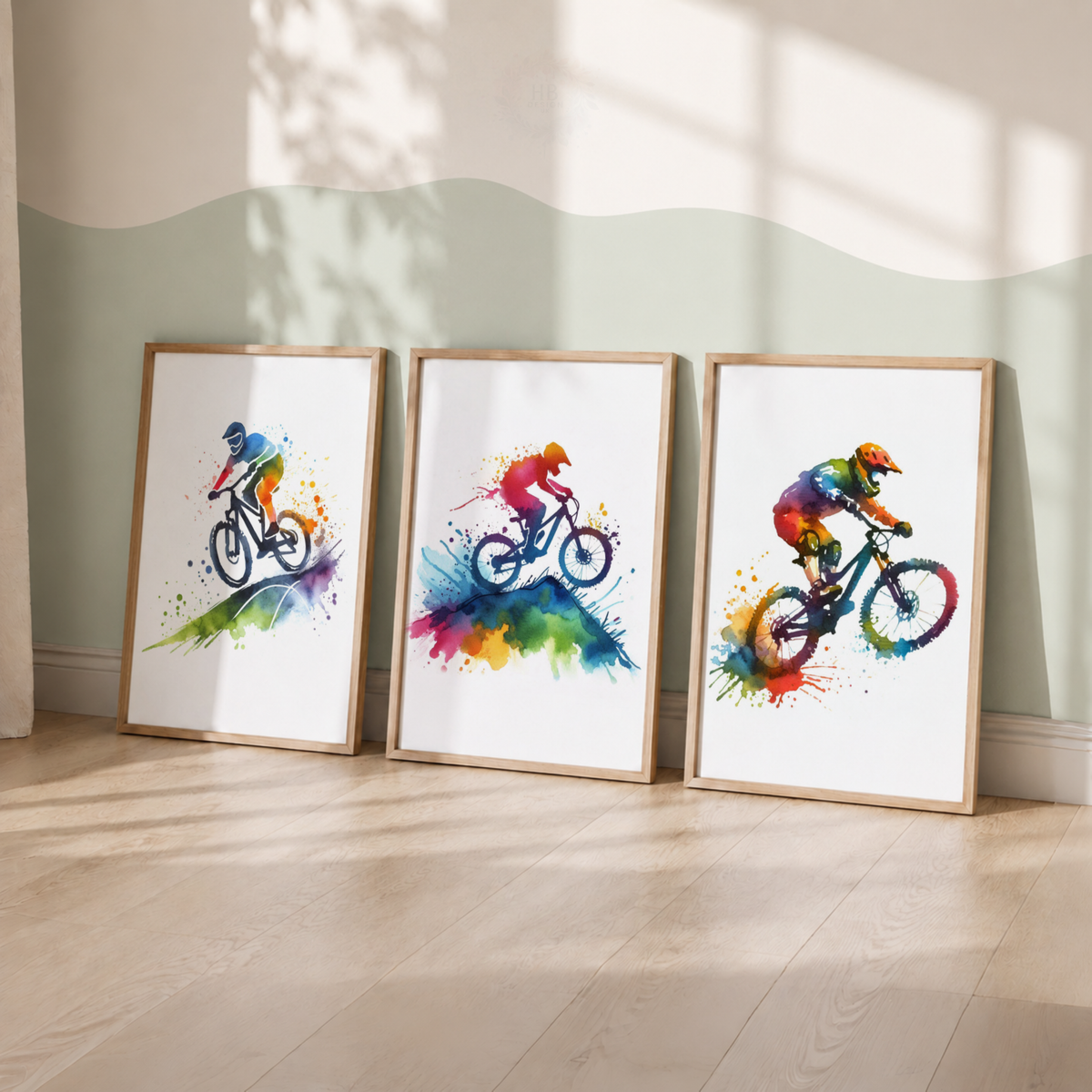 Mountain Biking Watercolor Wall Art Set – Colourful MTB Cyclist Sports Prints