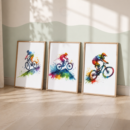Mountain Biking Watercolor Wall Art Set – Colourful MTB Cyclist Sports Prints
