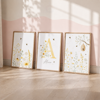 Personalised Bee & Wildflower Nursery Prints – Set of 3 Yellow Floral Wall Art