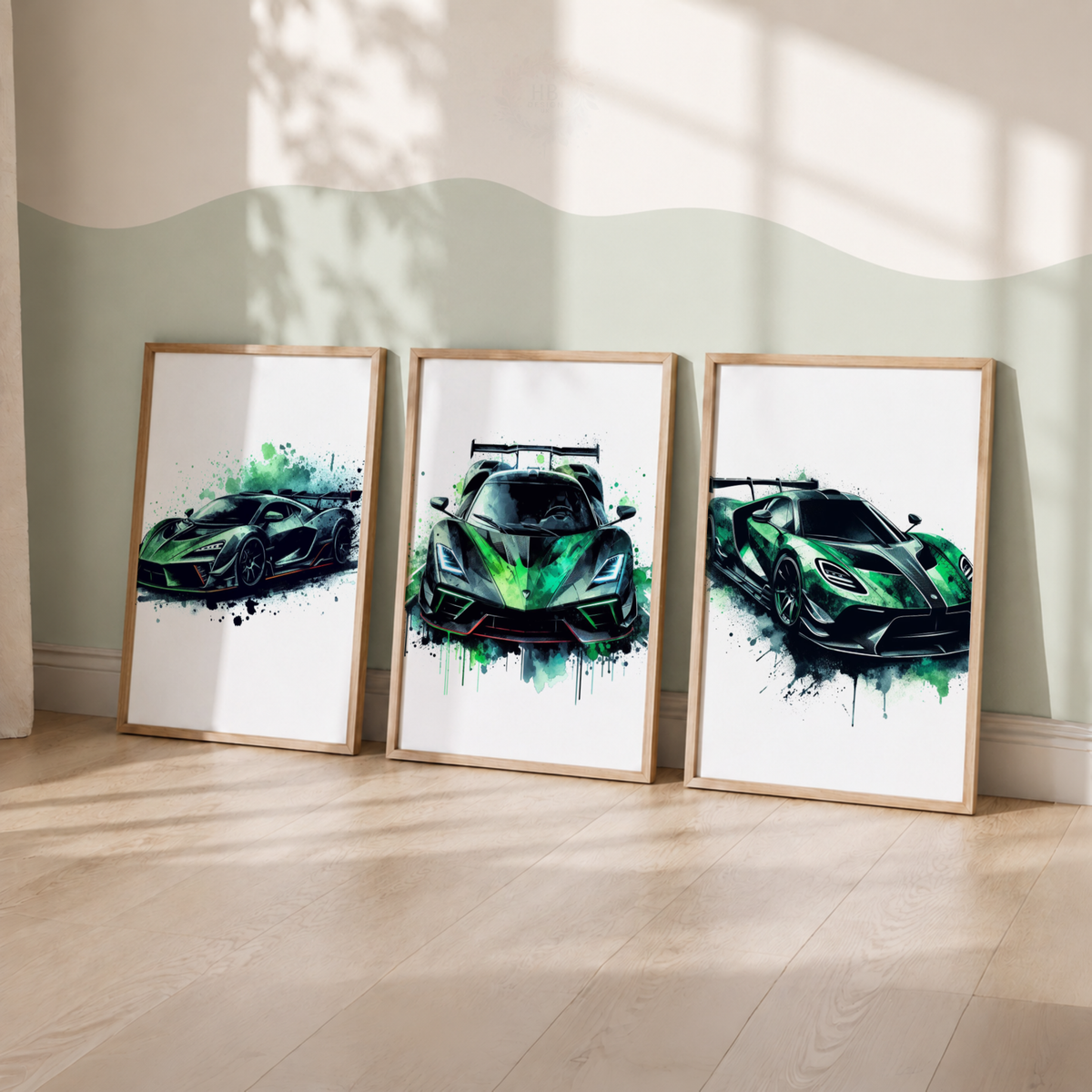 Green Supercar Wall Art Set – Watercolor Sports Car Prints