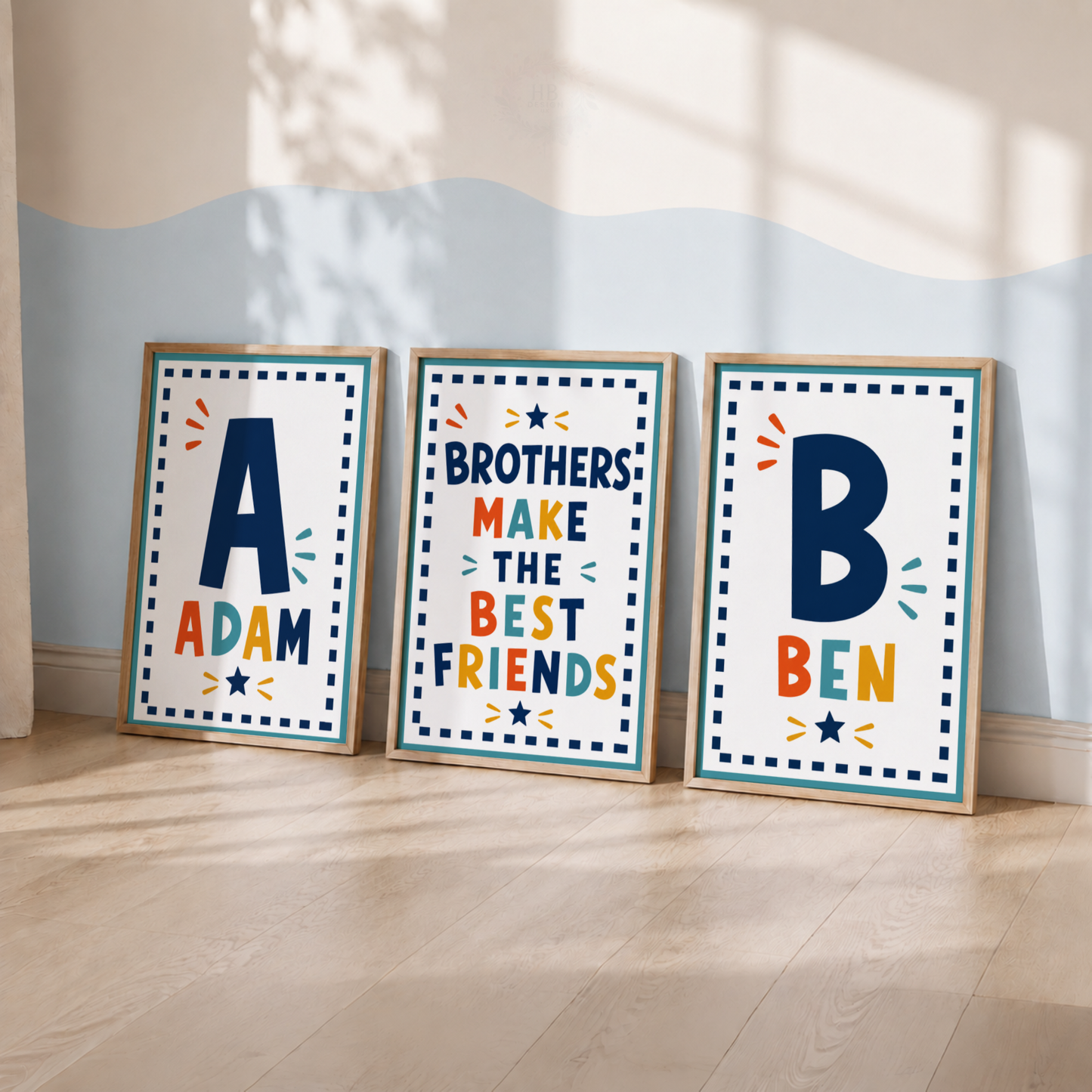 Personalised Brothers Initial Print Set – Colourful Boys Bedroom Wall Art