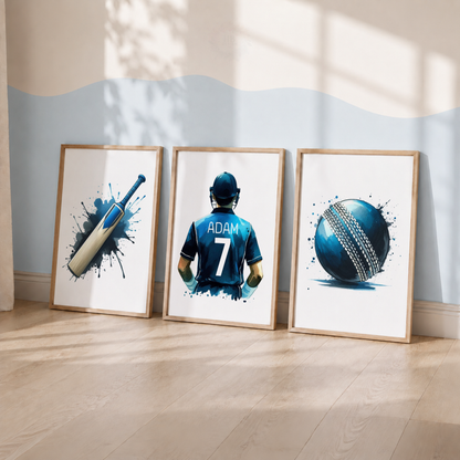 Personalized Cricket Wall Art Set – Custom Name & Number Blue Watercolor Sports Prints