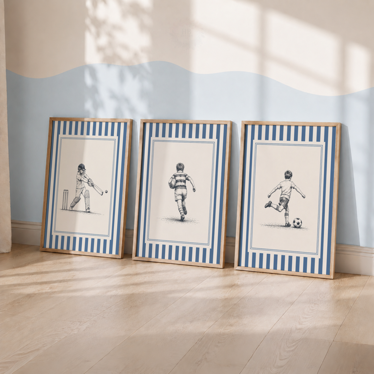 Boys Sports Wall Art Set – Cricket Rugby & Football Prints