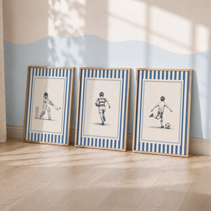 Boys Sports Wall Art Set – Cricket Rugby & Football Prints