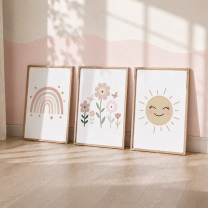 Girls Rainbow Flower Wall Art Set – Boho Nursery & Bedroom Prints