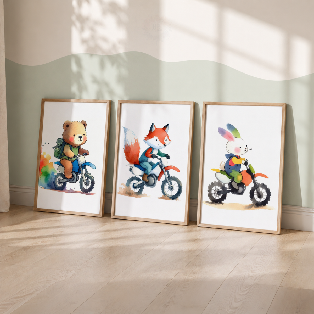 Woodland Animals on Motorbikes Nursery Prints Set – Bear Fox & Bunny Wall Art