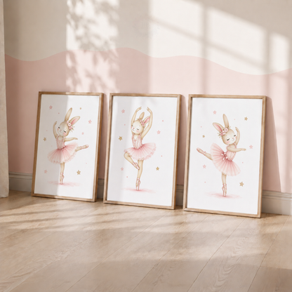 Pink Bunny Ballerina Nursery Wall Art Set – Watercolour Rabbit Ballet Prints