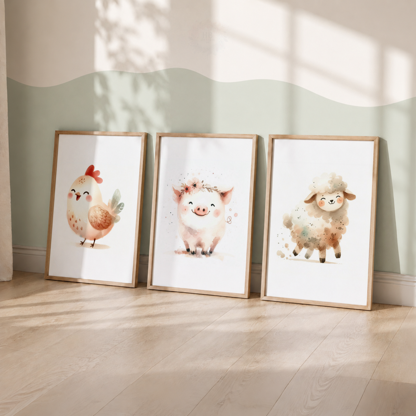 Farm Animal Nursery Prints Set – Chicken, Pig & Sheep Watercolour Wall Art