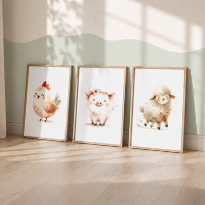Farm Animal Nursery Prints Set – Chicken, Pig & Sheep Watercolour Wall Art