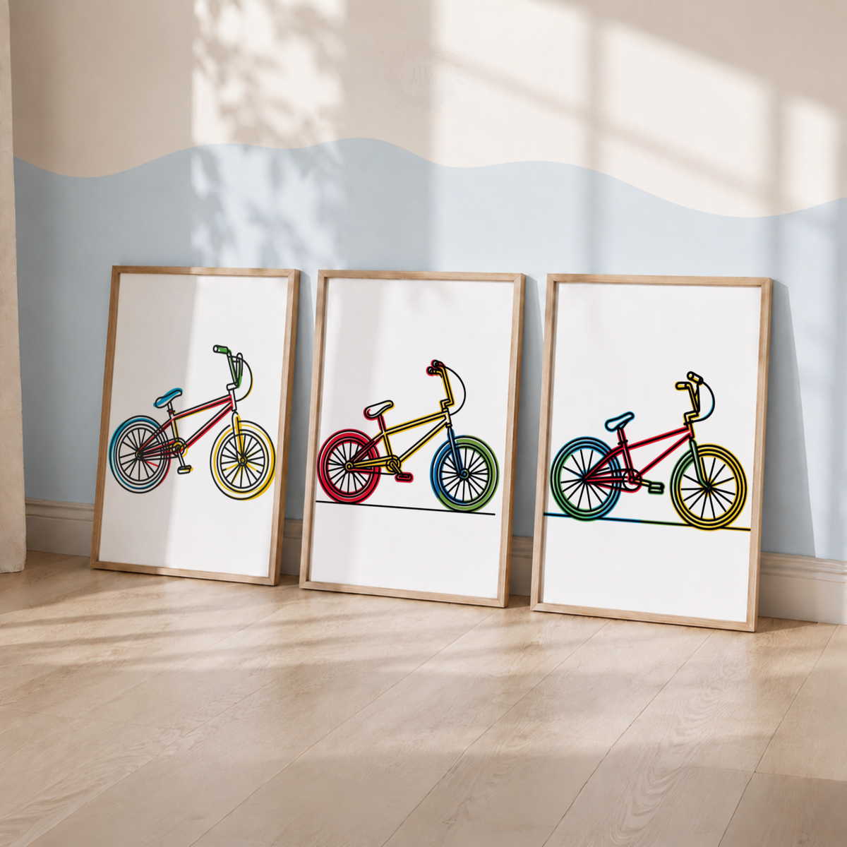 Colourful BMX Bike Wall Art Set – Rainbow Bicycle Prints for Boys’ Bedroom