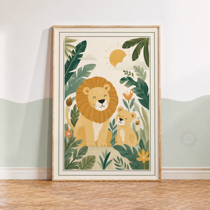 Lion & Cub Jungle Nursery Print – Safari Animal Kids Wall Art