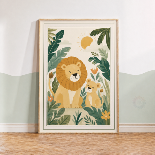 Lion & Cub Jungle Nursery Print – Safari Animal Kids Wall Art