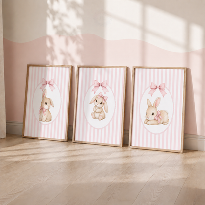 Pink Bunny Nursery Wall Art Print Set – Rabbit & Bow Girls Bedroom Decor
