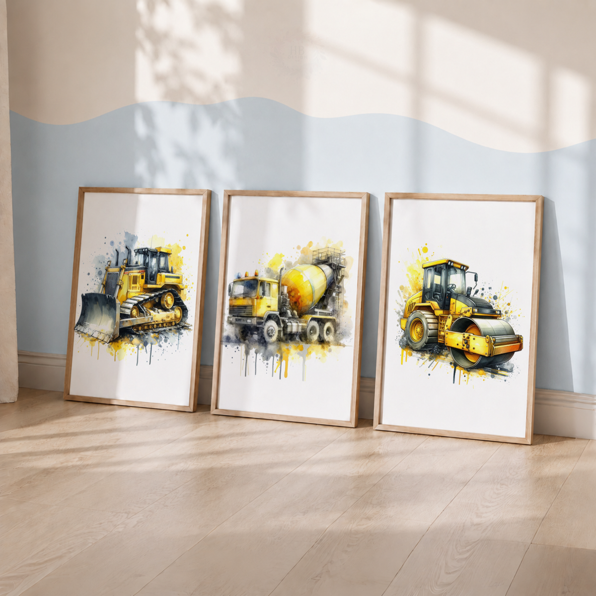 Construction Vehicle Watercolor Prints Set – Bulldozer, Cement Mixer & Road Roller Wall Art