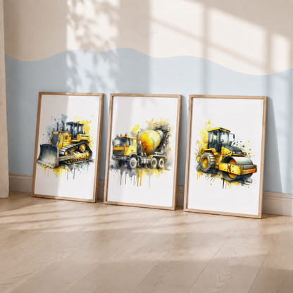 Construction Vehicle Watercolor Prints Set – Bulldozer, Cement Mixer & Road Roller Wall Art