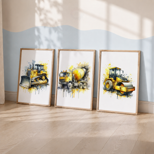 Construction Vehicle Watercolor Prints Set – Bulldozer, Cement Mixer & Road Roller Wall Art