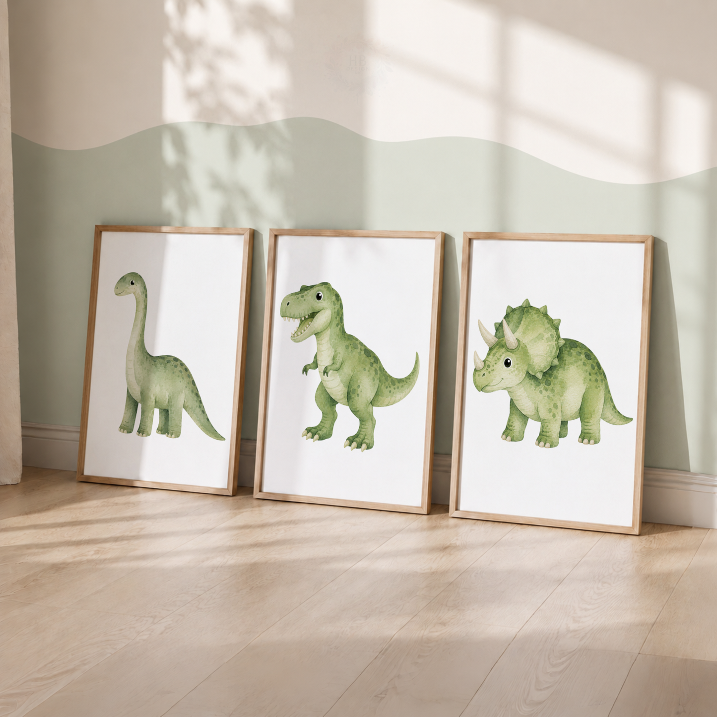 Green Dinosaur Nursery Wall Art Set – Cute Watercolour Dino Prints
