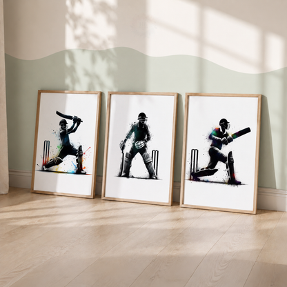 Cricket Wall Art Set – Black Batsman, Wicket Keeper & Colour Splash Sports Prints