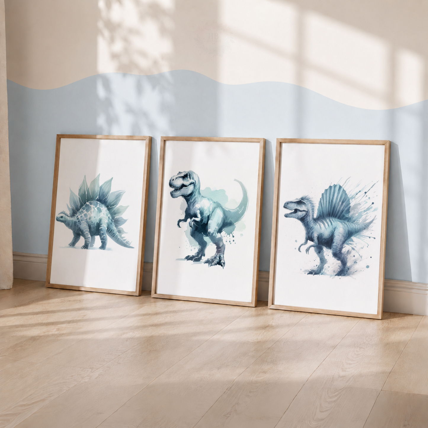 Blue Dinosaur Nursery Prints Set – T-Rex Stegosaurus & Spinosaurus Wall Art
