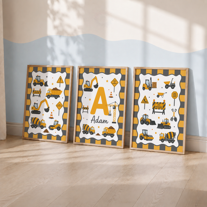 Little Builder – Personalised Set of 3 Construction Nursery Prints