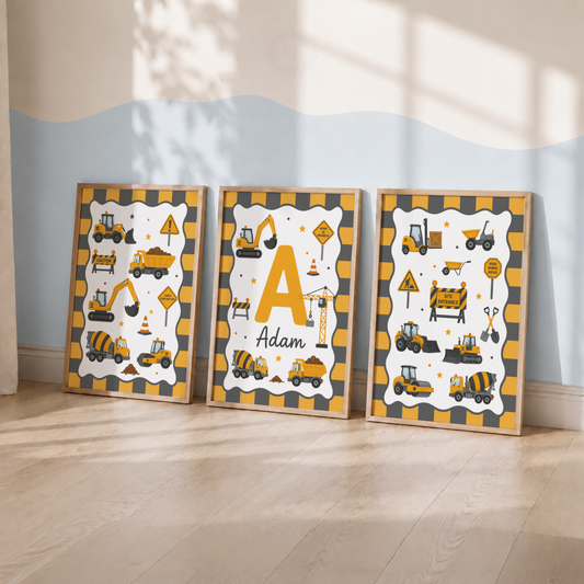 Little Builder – Personalised Set of 3 Construction Nursery Prints