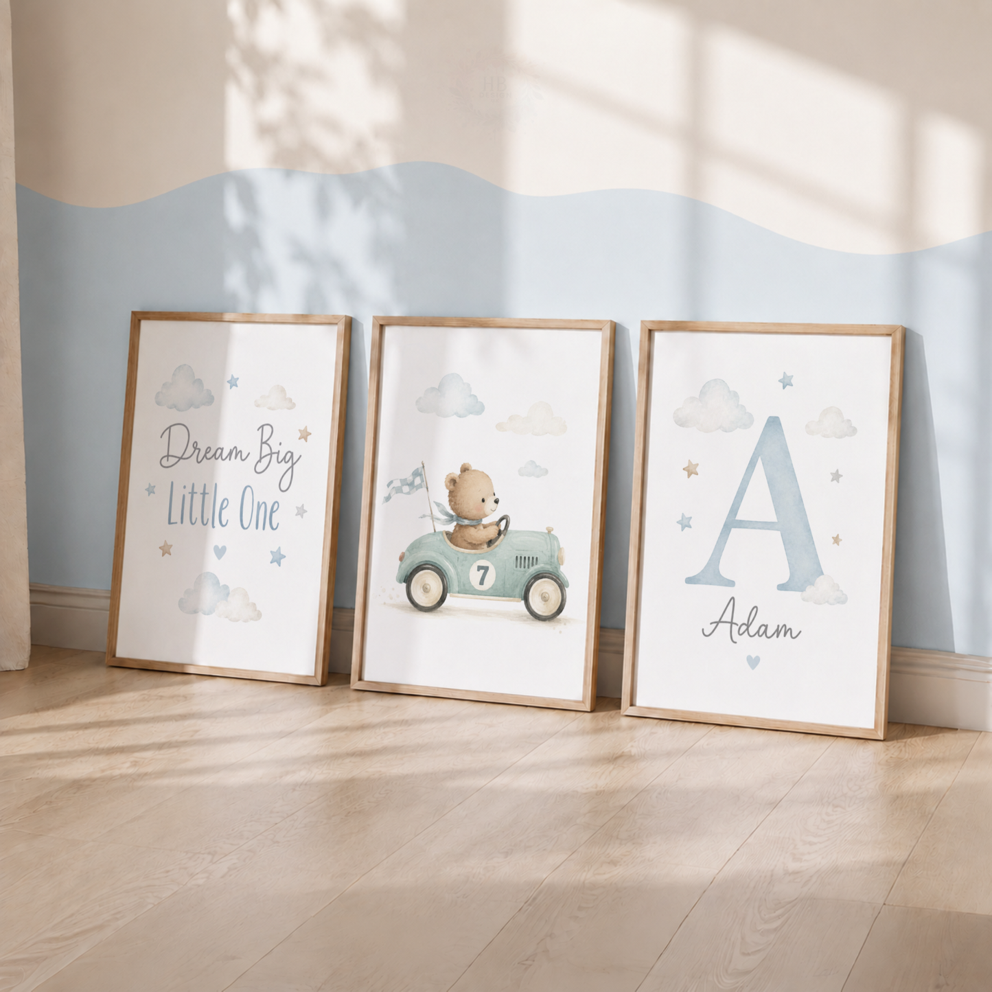 Personalised Teddy Bear Nursery Prints – Set of 3 Blue Racing Car & Name Wall Art