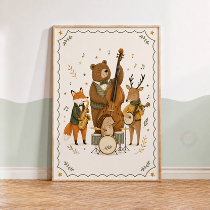 Woodland Animal Band Nursery Print – Musical Forest Friends Wall Art