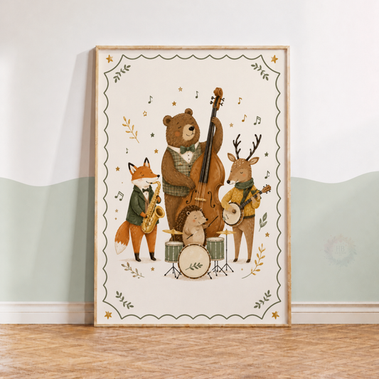 Woodland Animal Band Nursery Print – Musical Forest Friends Wall Art