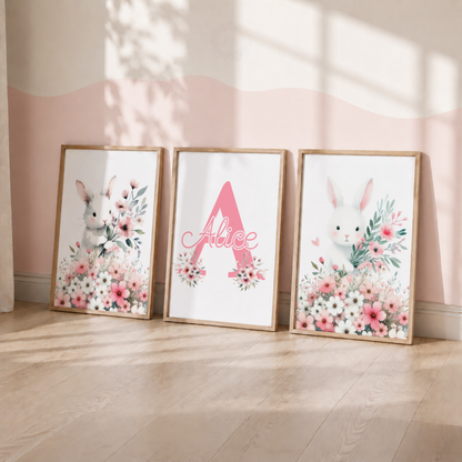 Personalised Bunny Wall Art Set – Pink Floral Rabbit Nursery Prints