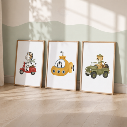 Safari Animal Transport Nursery Wall Art Set – Zebra Scooter, Penguin Submarine & Leopard Jeep Prints