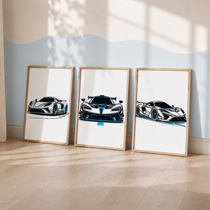 Supercar Racing Prints Set – Blue Sports Car Wall Art