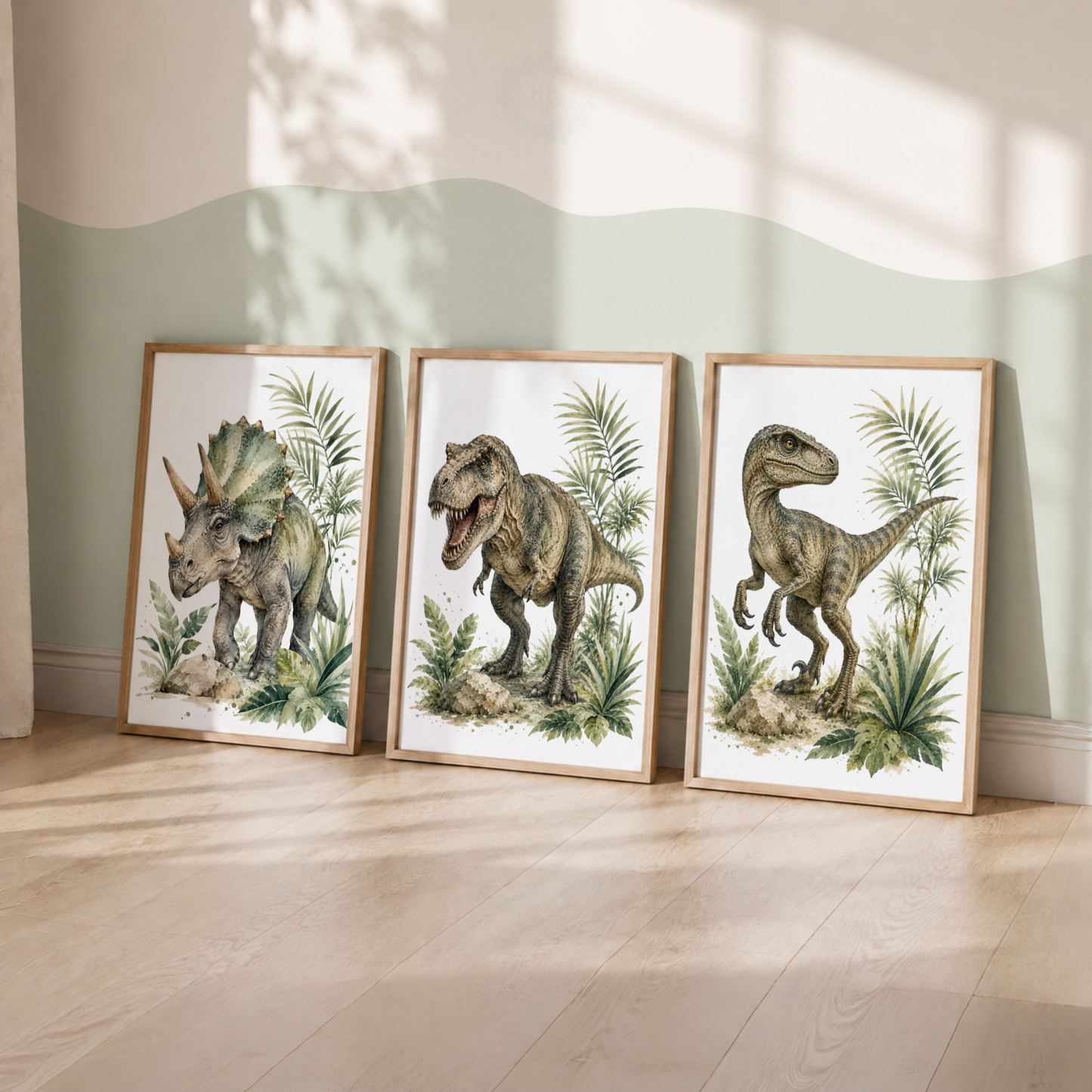 Realistic Dinosaur Nursery Wall Art Set – T-Rex, Triceratops & Raptor Prints