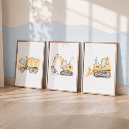 Watercolour Construction Vehicle Nursery Prints – Digger Dump Truck & Bulldozer Wall Art Set