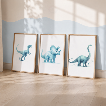 Blue Dinosaur Nursery Prints Set – Watercolour Dino Wall Art