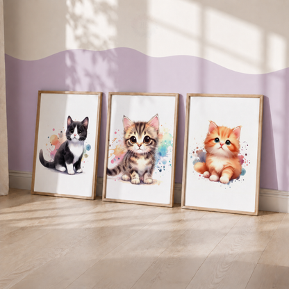 Cute Kitten Wall Art Set – Colourful Watercolour Cat Nursery Prints
