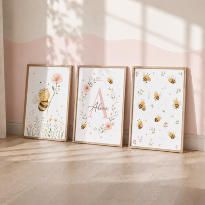 Personalised Pink Bee Nursery Prints – Set of 3 Floral Bumblebee Wall Art