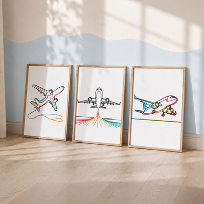 Colorful Airplane Wall Art Set – Minimalist Aviation Line Art Prints