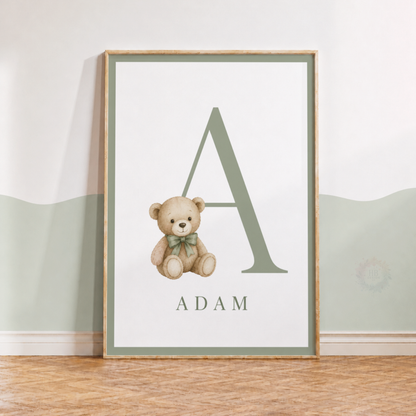 Personalised Teddy Bear Initial Nursery Print – Sage Green Name Wall Art