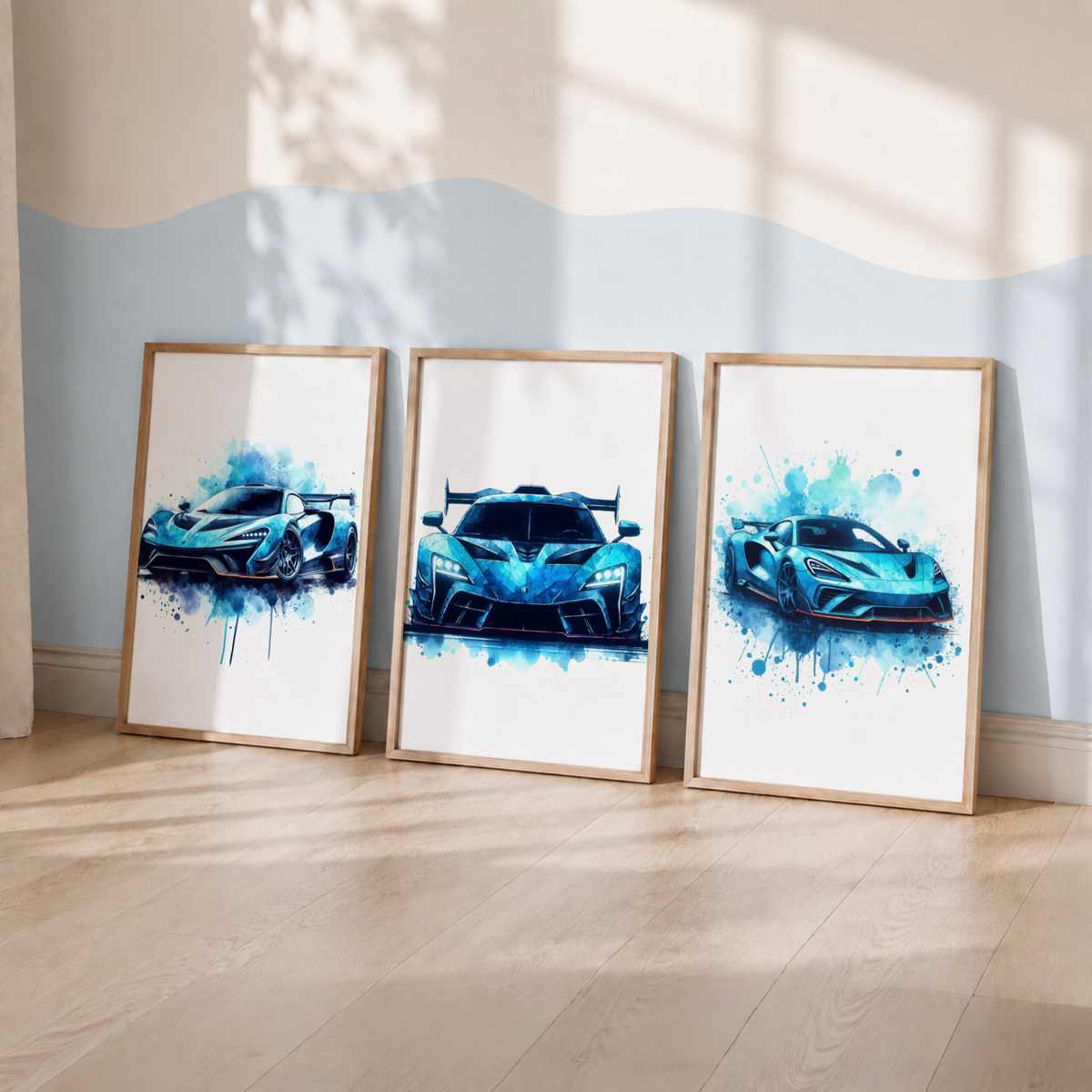 Blue Supercar Wall Art Set – Watercolor Sports Car Prints